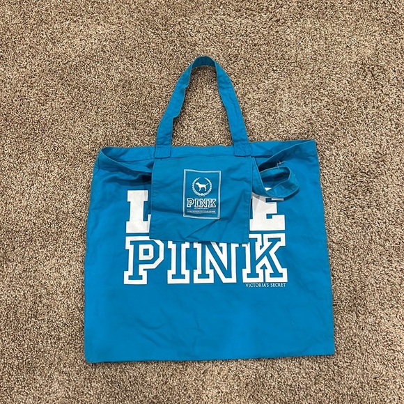 PINK Victoria Secret LOVE PINK Canvas Tote Beach Style Blue Shoulder Bag - Picture 10 of 13